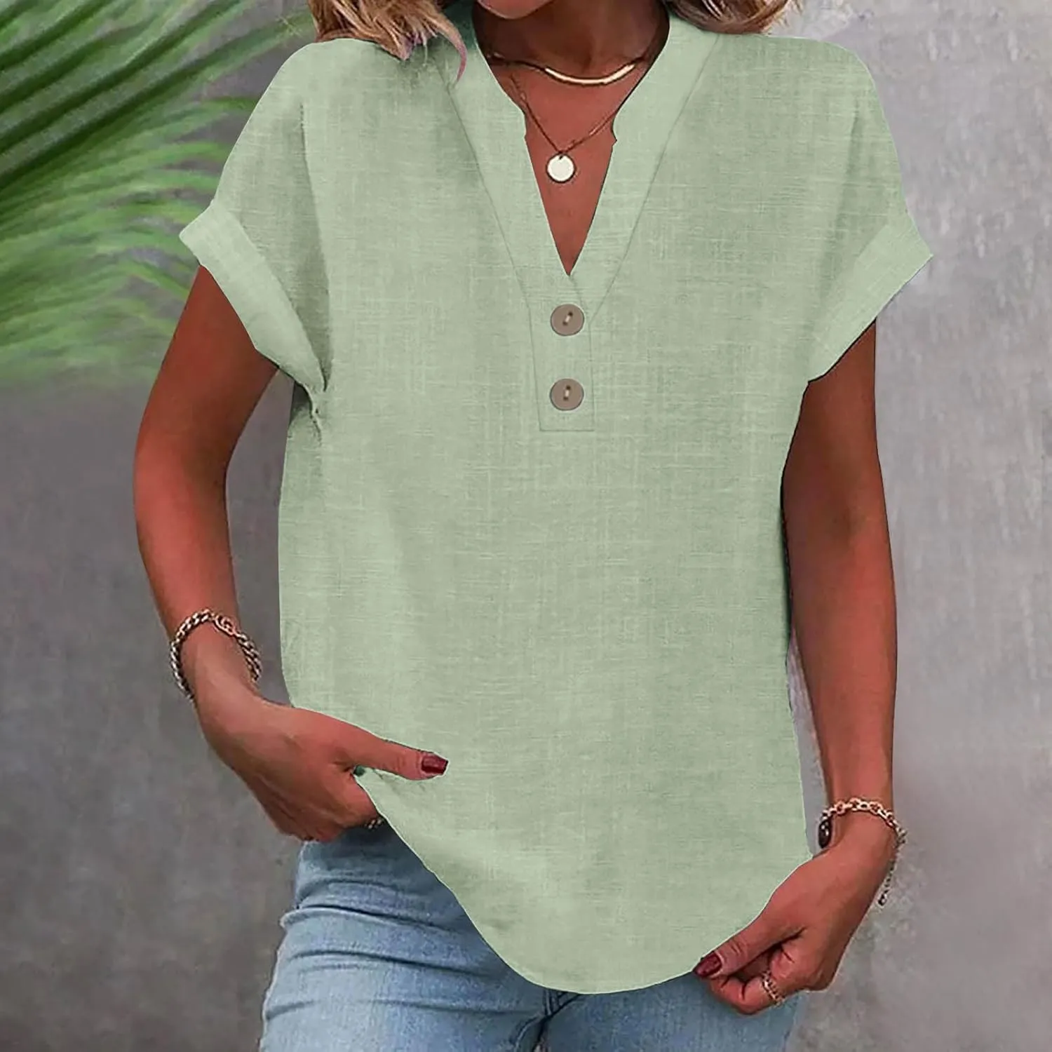Summer Tops for Women 2025 Trendy Short Sleeve Cotton Linen Shirt Casual Button v Neck Tunic Blouses Outfits