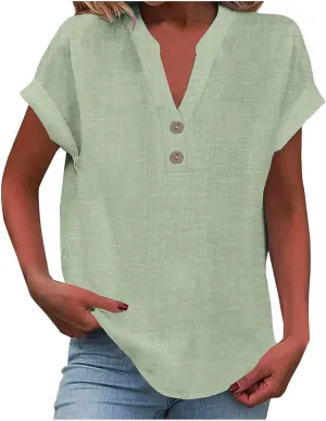 Summer Tops for Women 2025 Trendy Short Sleeve Cotton Linen Shirt Casual Button v Neck Tunic Blouses Outfits