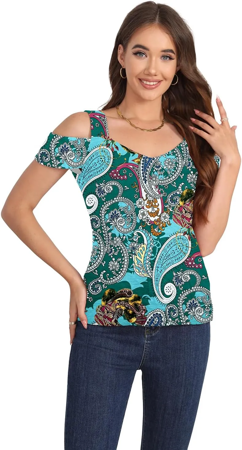 Summer Tops Womens Tunic Top Short Sleeve Cold Shoulder V Neck Loose Fit Basic Tee Casual Tops T Shirts Blouse