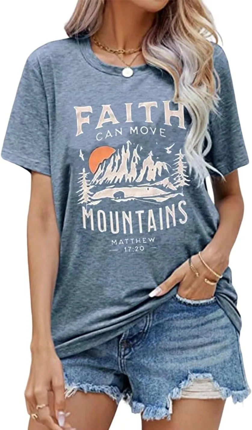 Sun and Mountain Shirt for Women Camping Hiking Shirt Sunrise Pine Tree Graphic Tees Nature Casual Short Sleeve Shirt