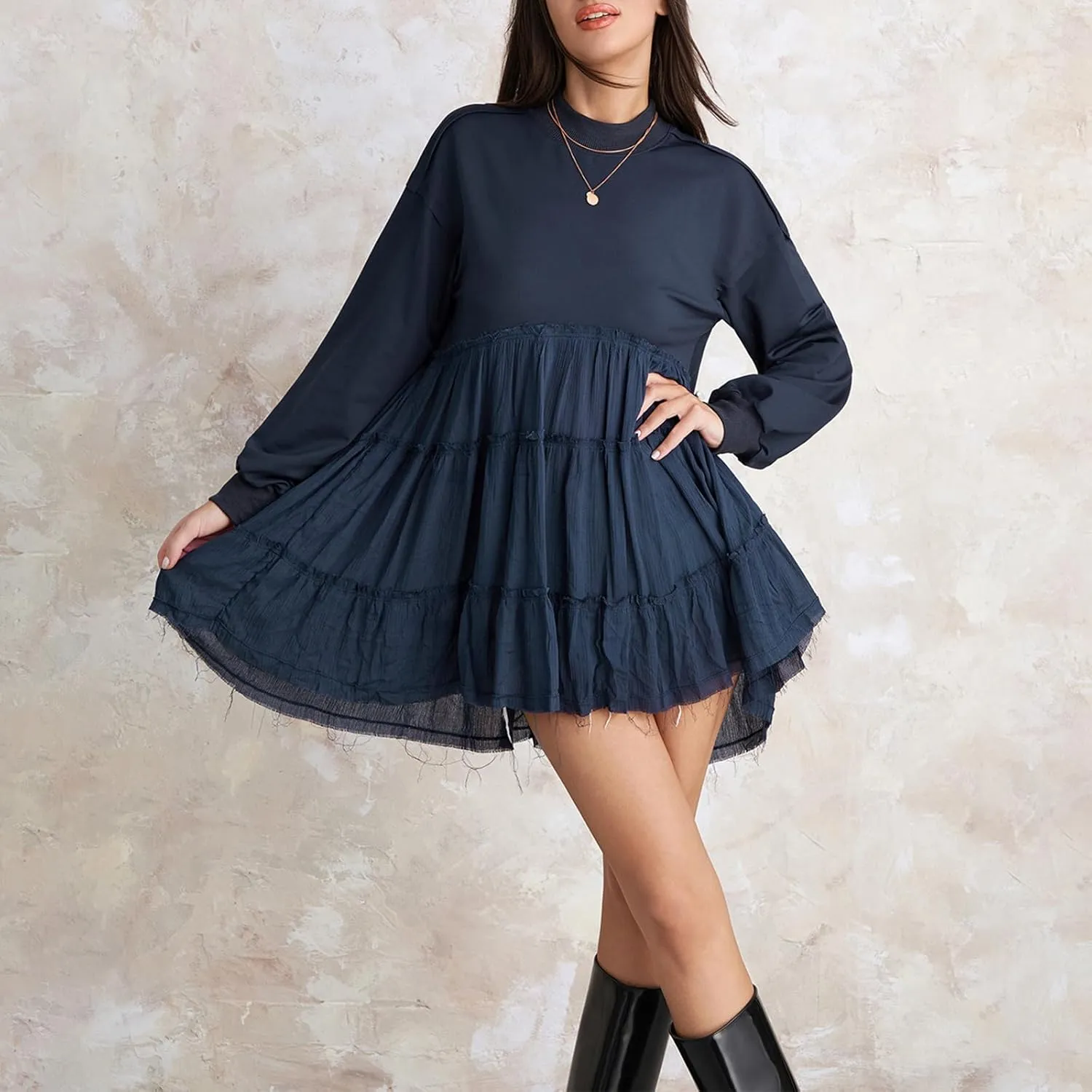 Sweatshirt Dress Women Long Sleeve Crewneck Oversized Pullover Shirt Tops Flowy Hem Pleated Sweatshirts Mini Dress