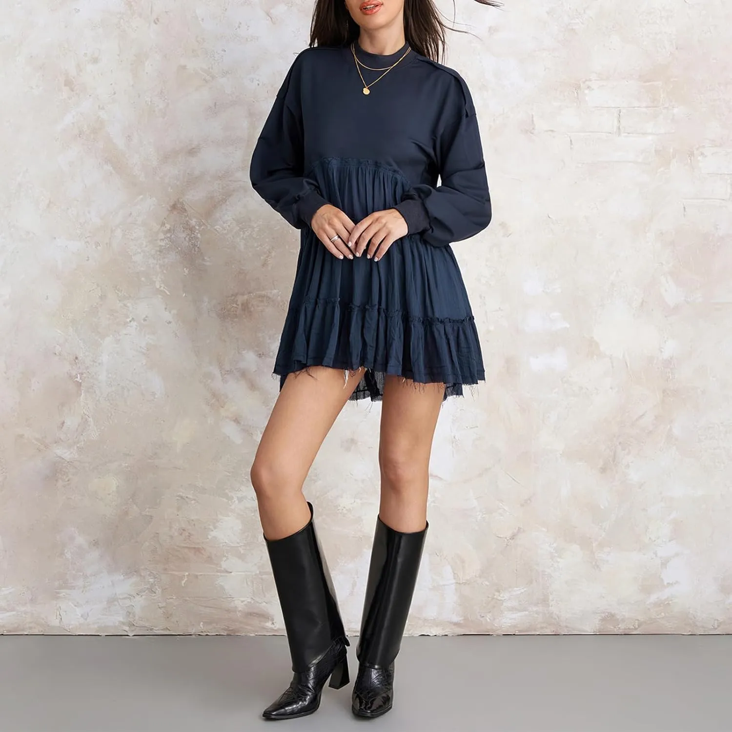 Sweatshirt Dress Women Long Sleeve Crewneck Oversized Pullover Shirt Tops Flowy Hem Pleated Sweatshirts Mini Dress