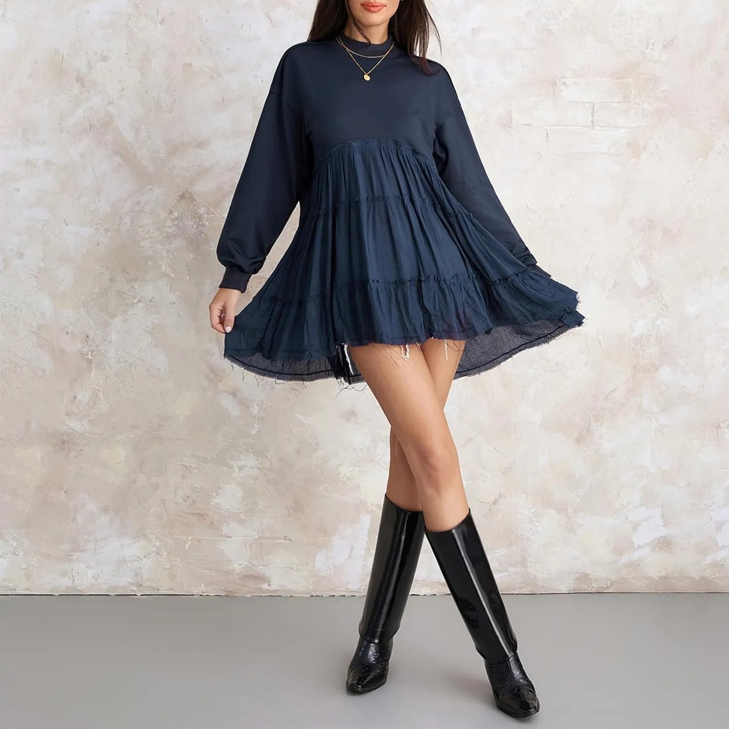 Sweatshirt Dress Women Long Sleeve Crewneck Oversized Pullover Shirt Tops Flowy Hem Pleated Sweatshirts Mini Dress