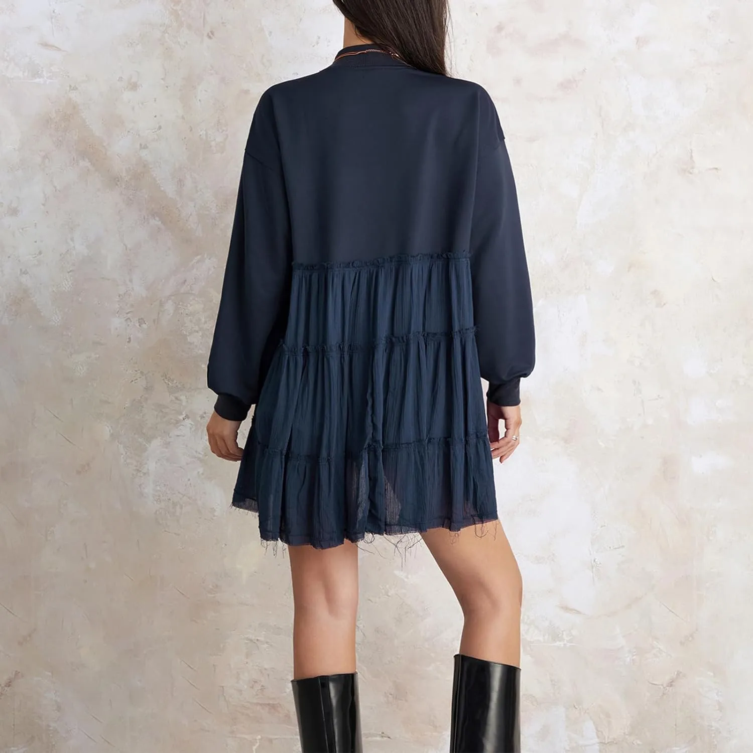 Sweatshirt Dress Women Long Sleeve Crewneck Oversized Pullover Shirt Tops Flowy Hem Pleated Sweatshirts Mini Dress