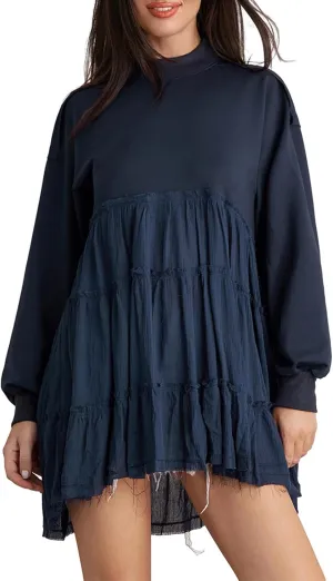 Sweatshirt Dress Women Long Sleeve Crewneck Oversized Pullover Shirt Tops Flowy Hem Pleated Sweatshirts Mini Dress