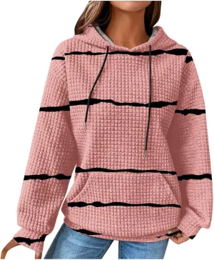 Sweatshirt for Womens Fashion Waffle Long Sleeve Striped Hoodies Casual Loose Lightweight Drawstring Pullover Shirts
