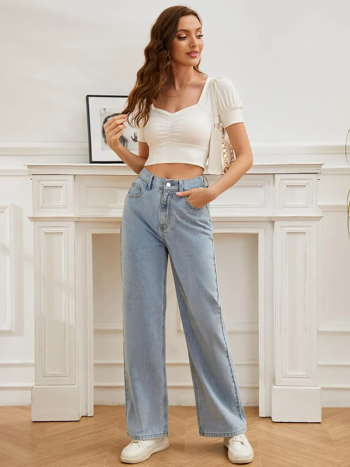 SweatyRocks Women's Casual Loose High Waist Solid Straight Wide Leg Jeans