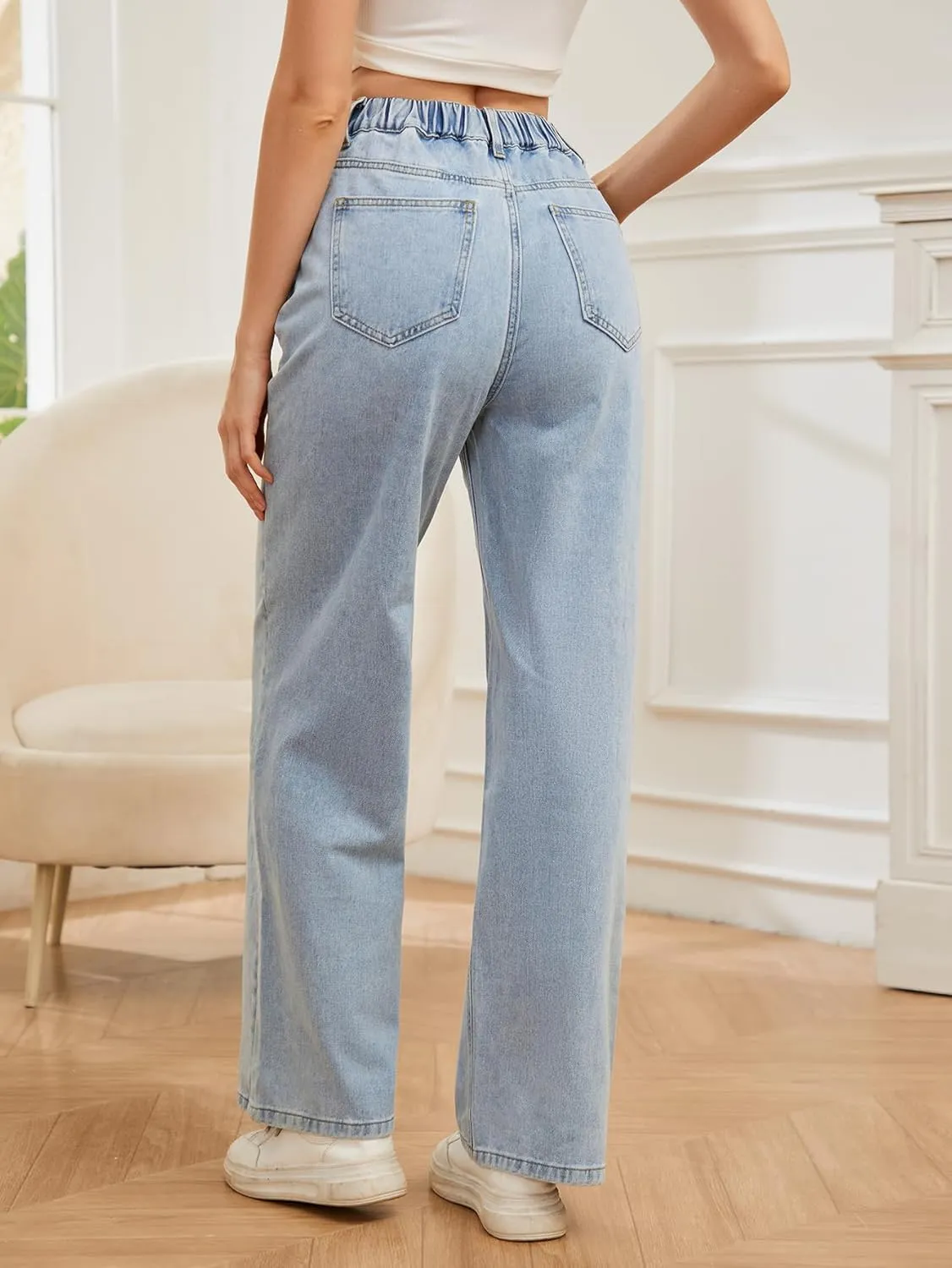 SweatyRocks Women's Casual Loose High Waist Solid Straight Wide Leg Jeans