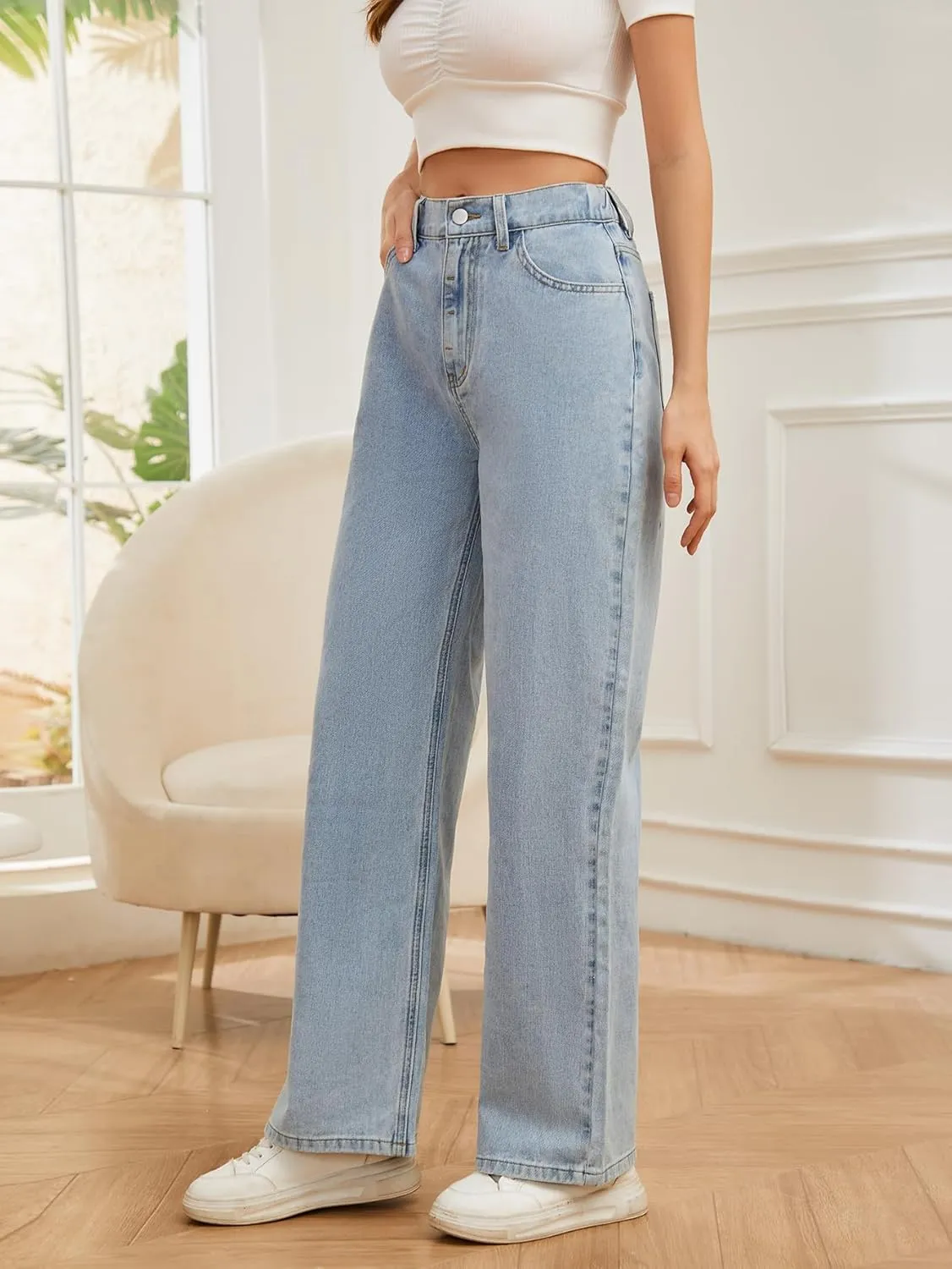 SweatyRocks Women's Casual Loose High Waist Solid Straight Wide Leg Jeans