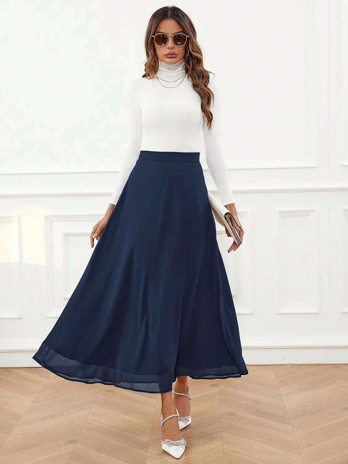 SweatyRocks Women's Chiffon High Waisted Flowy Long Skirts Casual Solid A line Maxi Skirt