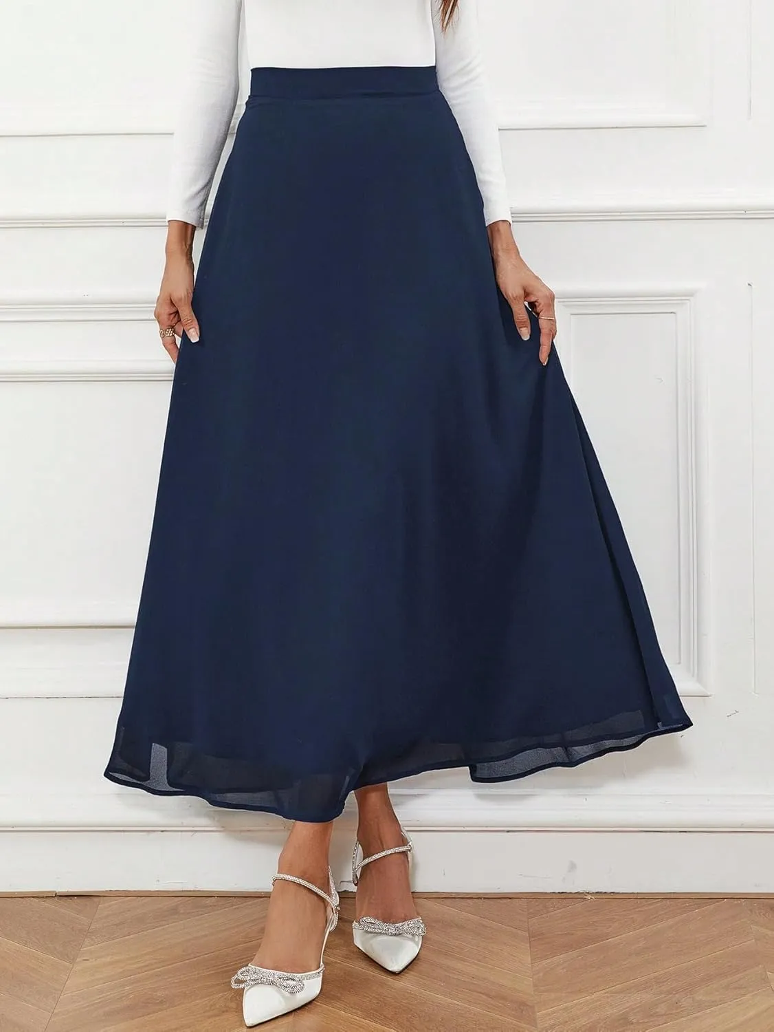 SweatyRocks Women's Chiffon High Waisted Flowy Long Skirts Casual Solid A line Maxi Skirt