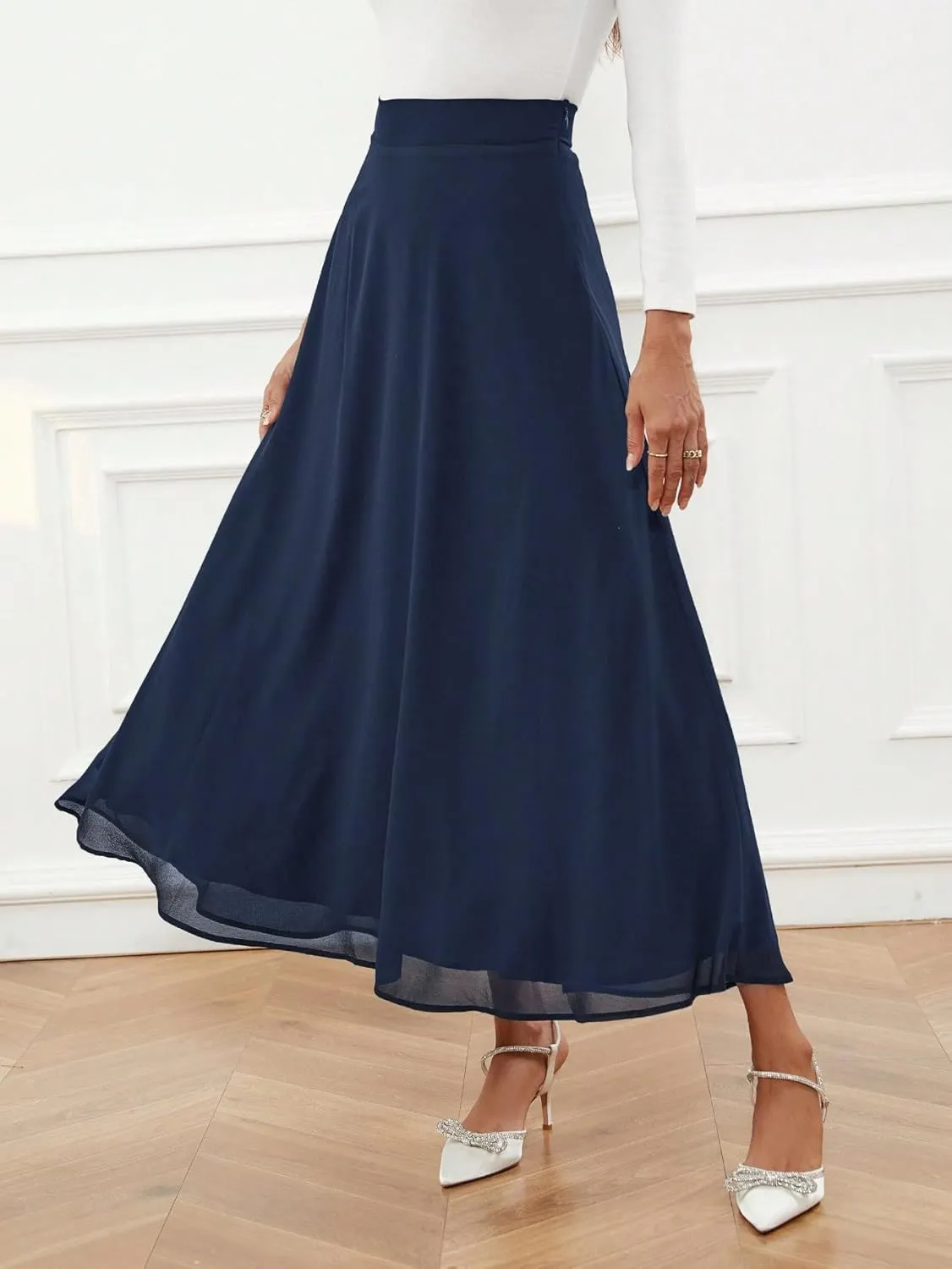 SweatyRocks Women's Chiffon High Waisted Flowy Long Skirts Casual Solid A line Maxi Skirt