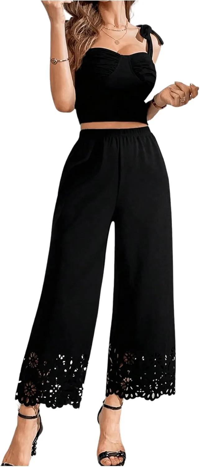 SweatyRocks Women's Elegant Elastic Waist Wide Leg Pants Cut Out Scallop Leg Pants