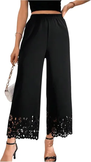 SweatyRocks Women's Elegant Elastic Waist Wide Leg Pants Cut Out Scallop Leg Pants