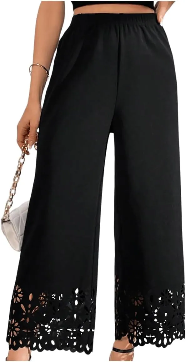 SweatyRocks Women's Elegant Elastic Waist Wide Leg Pants Cut Out Scallop Leg Pants