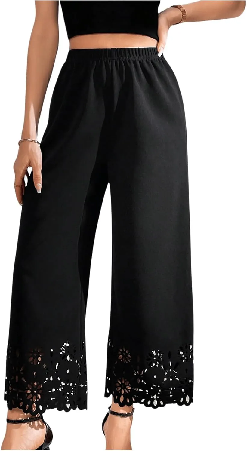 SweatyRocks Women's Elegant Elastic Waist Wide Leg Pants Cut Out Scallop Leg Pants
