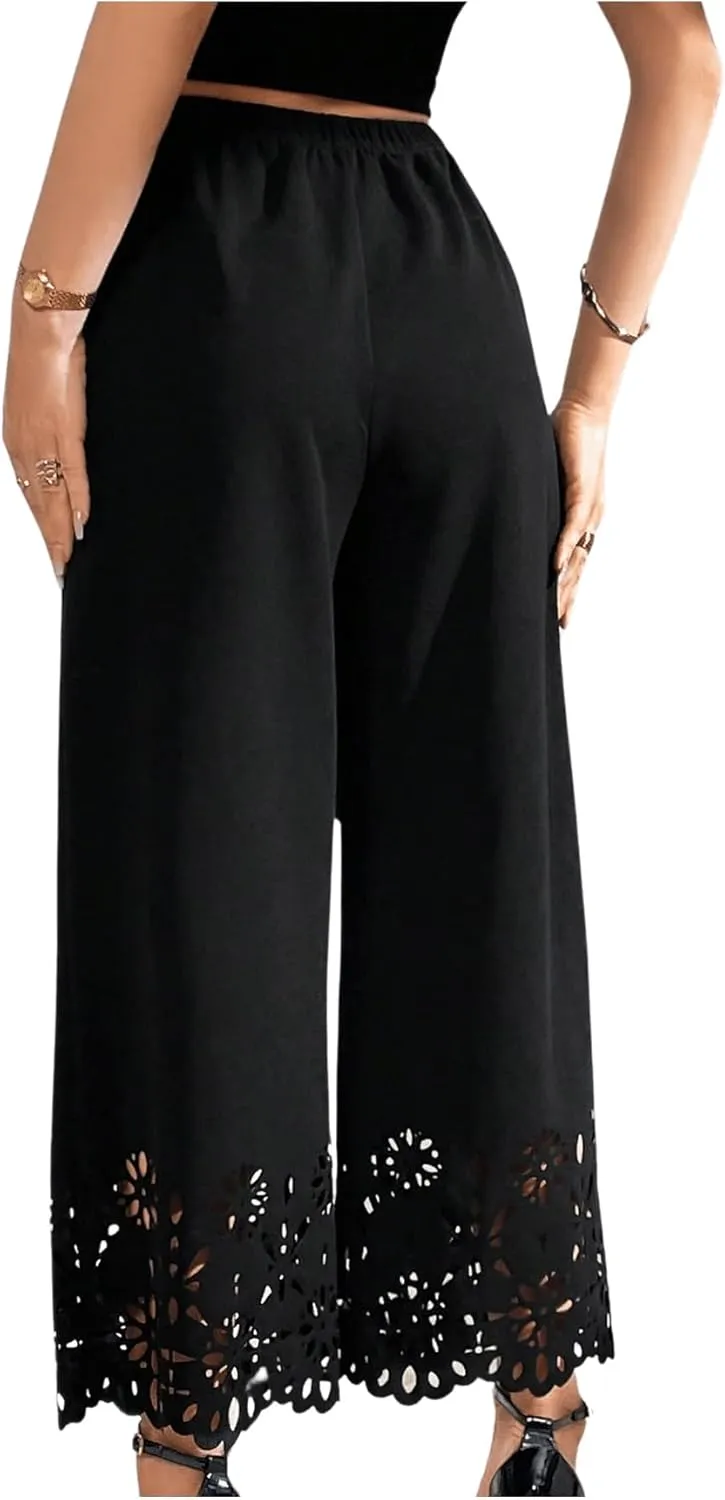 SweatyRocks Women's Elegant Elastic Waist Wide Leg Pants Cut Out Scallop Leg Pants