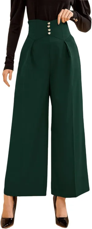 SweatyRocks Women's Elegant High Waist Pleated Pants Button Front Wide Leg Trouser Pants