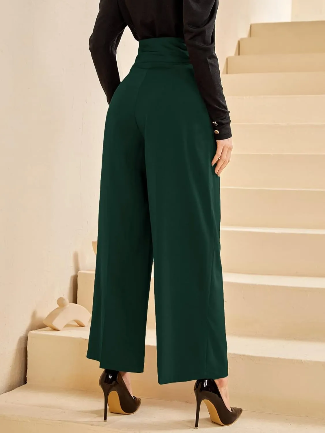 SweatyRocks Women's Elegant High Waist Pleated Pants Button Front Wide Leg Trouser Pants