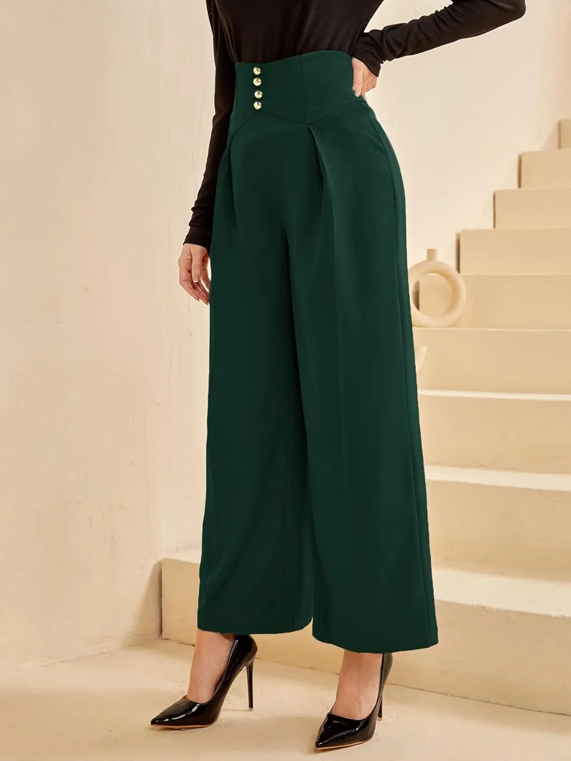 SweatyRocks Women's Elegant High Waist Pleated Pants Button Front Wide Leg Trouser Pants