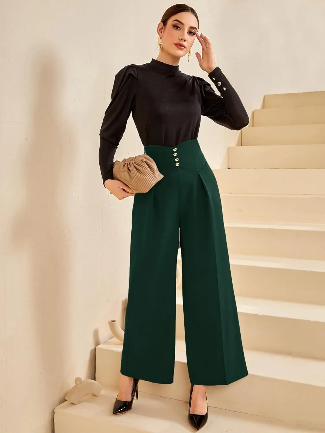 SweatyRocks Women's Elegant High Waist Pleated Pants Button Front Wide Leg Trouser Pants