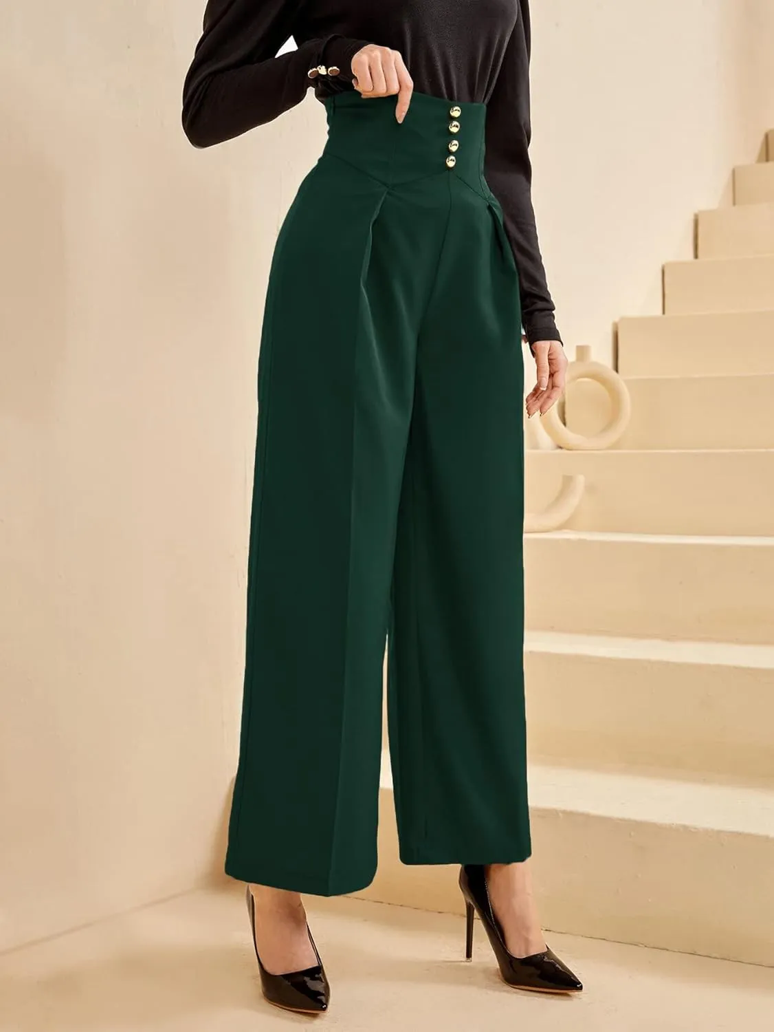 SweatyRocks Women's Elegant High Waist Pleated Pants Button Front Wide Leg Trouser Pants