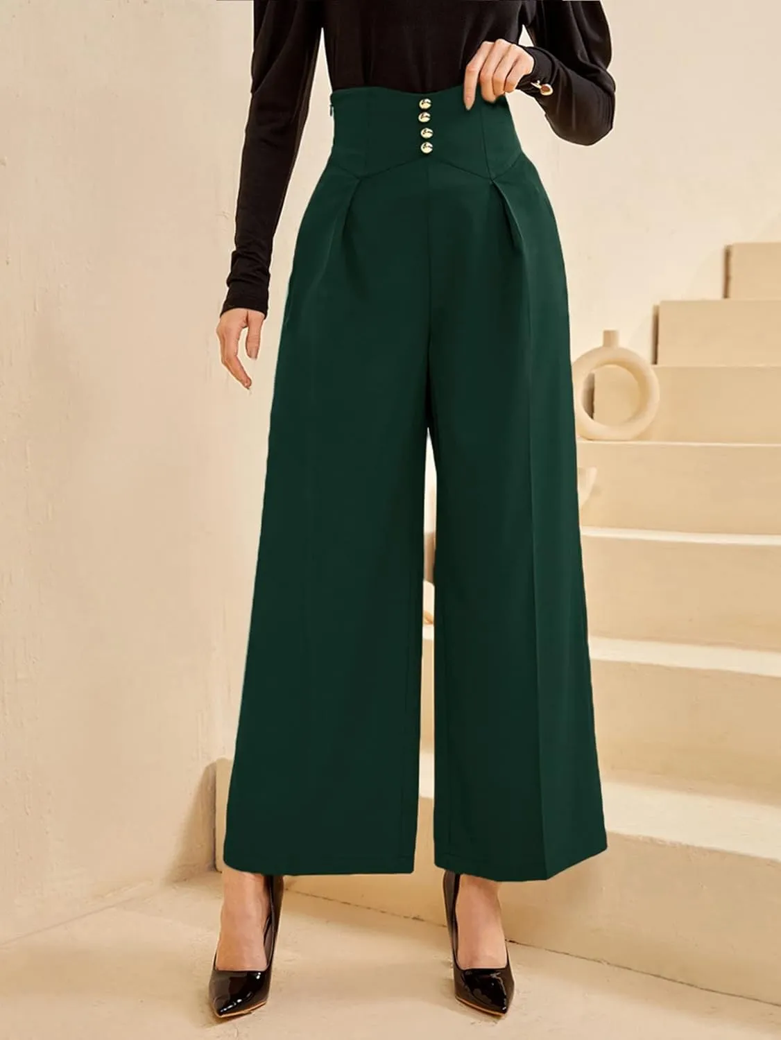 SweatyRocks Women's Elegant High Waist Pleated Pants Button Front Wide Leg Trouser Pants