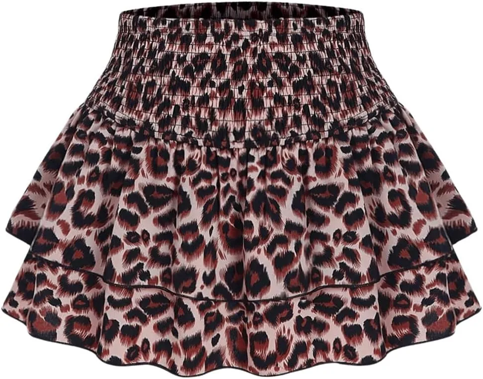 SweatyRocks Women's Y2K Cheetah Print Layered Ruffle Shirred High Waist Leopard Mini Short Skirts