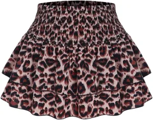 SweatyRocks Women's Y2K Cheetah Print Layered Ruffle Shirred High Waist Leopard Mini Short Skirts