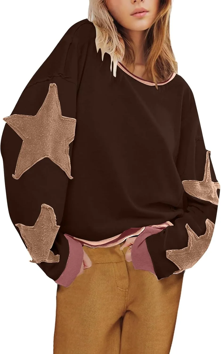 TANGNADE Women Oversized Sweatshirt Long Sleeve Crewneck Pullover Drop Shoulder Cute Tee Shirts 2024 Fall Trendy Clothes