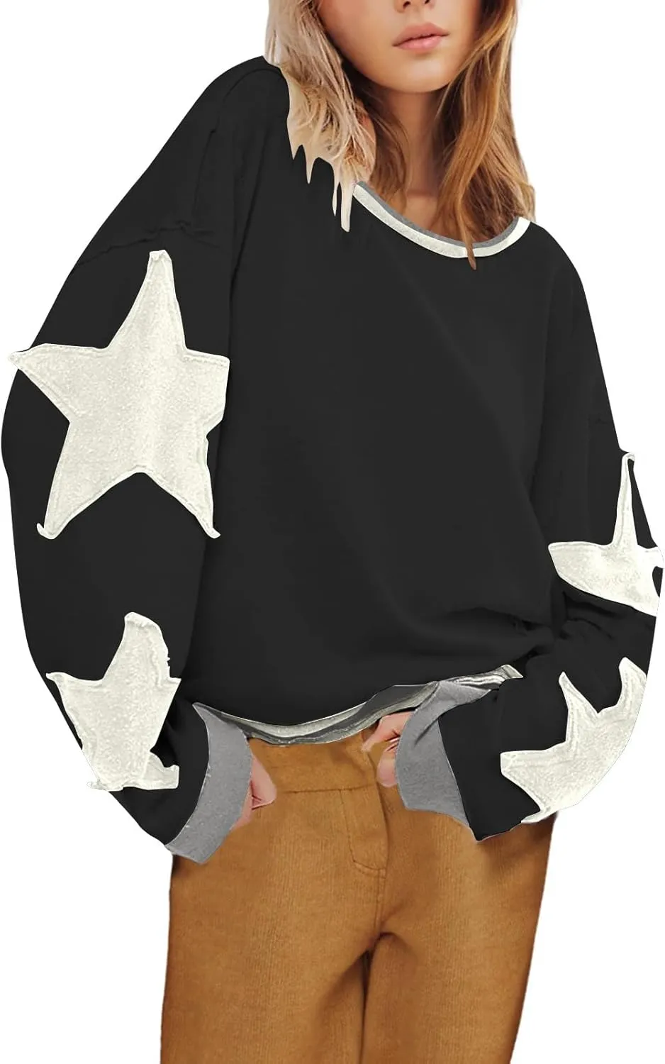 TANGNADE Women Oversized Sweatshirt Long Sleeve Crewneck Pullover Drop Shoulder Cute Tee Shirts 2024 Fall Trendy Clothes
