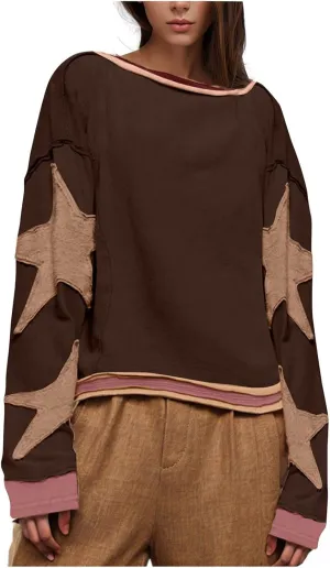 TANGNADE Women Oversized Sweatshirt Long Sleeve Crewneck Pullover Drop Shoulder Cute Tee Shirts 2024 Fall Trendy Clothes