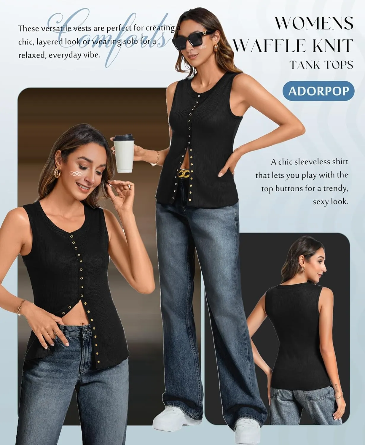 Tank Tops for Women Dressy - Waffle Knit Vest Shirts Snap Button Down Sleeveless Blouse Summer Casual Going Out Top