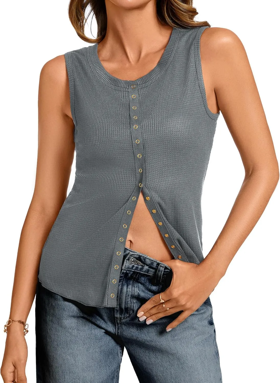 Tank Tops for Women Dressy - Waffle Knit Vest Shirts Snap Button Down Sleeveless Blouse Summer Casual Going Out Top