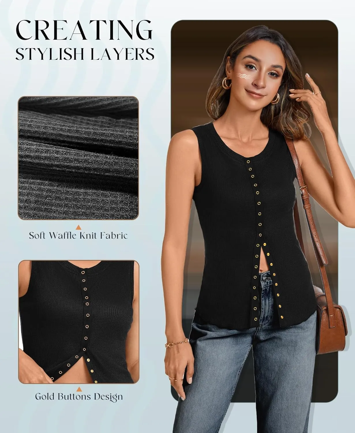 Tank Tops for Women Dressy - Waffle Knit Vest Shirts Snap Button Down Sleeveless Blouse Summer Casual Going Out Top