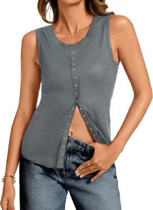 Tank Tops for Women Dressy - Waffle Knit Vest Shirts Snap Button Down Sleeveless Blouse Summer Casual Going Out Top