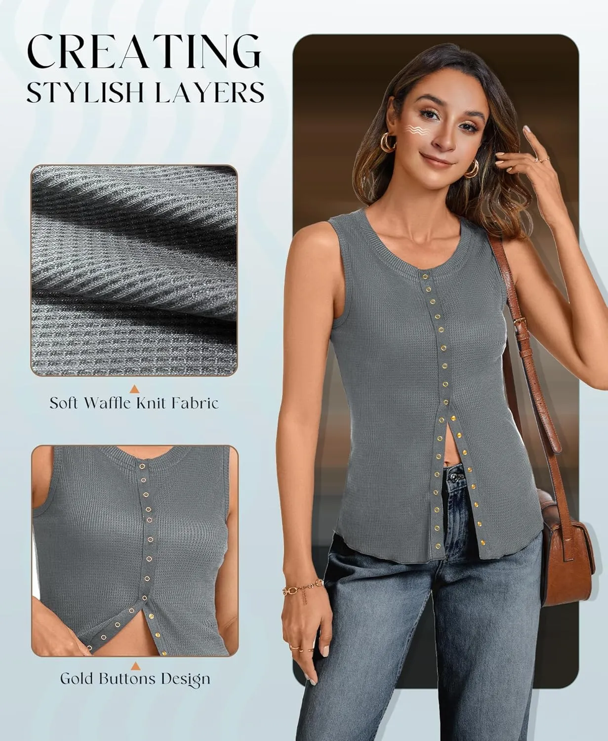 Tank Tops for Women Dressy - Waffle Knit Vest Shirts Snap Button Down Sleeveless Blouse Summer Casual Going Out Top