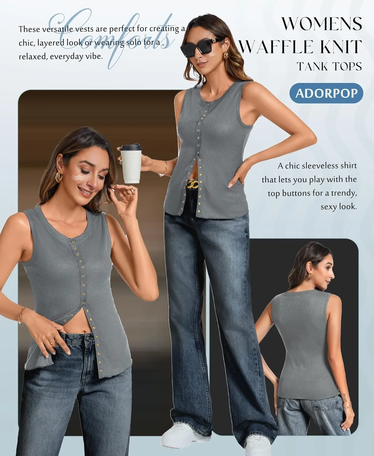 Tank Tops for Women Dressy - Waffle Knit Vest Shirts Snap Button Down Sleeveless Blouse Summer Casual Going Out Top