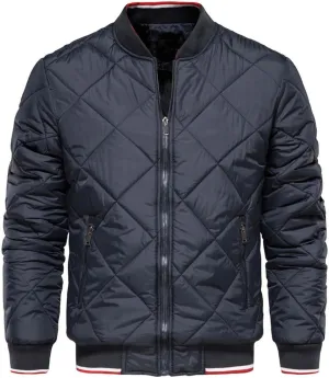 TEMKIN Men Quilted Puffer Bomber Jacket Winter Casual Stand Collar Solid Color Warm Zipper Loose Lightweight Cotton Padded Coat (Color : Navy, Size : X-Large)