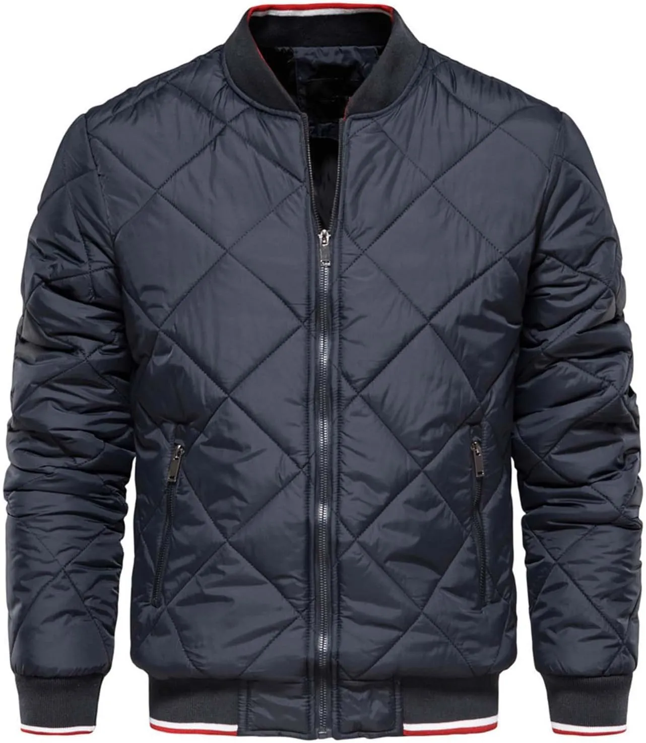 TEMKIN Men Quilted Puffer Bomber Jacket Winter Casual Stand Collar Solid Color Warm Zipper Loose Lightweight Cotton Padded Coat (Color : Navy, Size : X-Large)