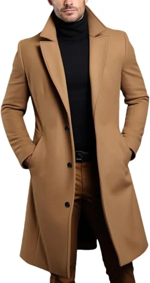 Thatrich Cardigan Trench Coat Men Winter Business Casual Jacket Warm Long Peacoat Office Work Coat Formal Casual Outfit Coats