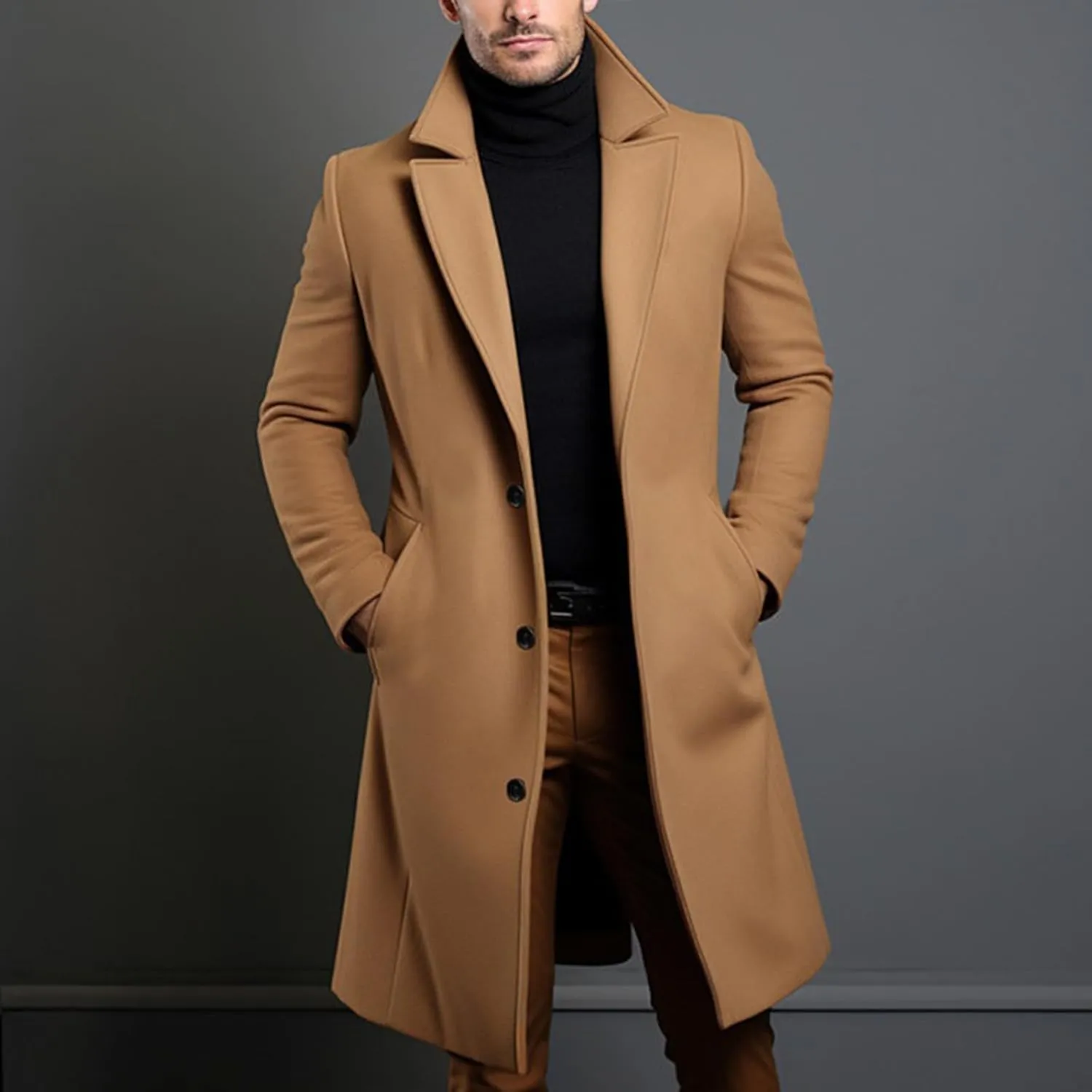 Thatrich Cardigan Trench Coat Men Winter Business Casual Jacket Warm Long Peacoat Office Work Coat Formal Casual Outfit Coats
