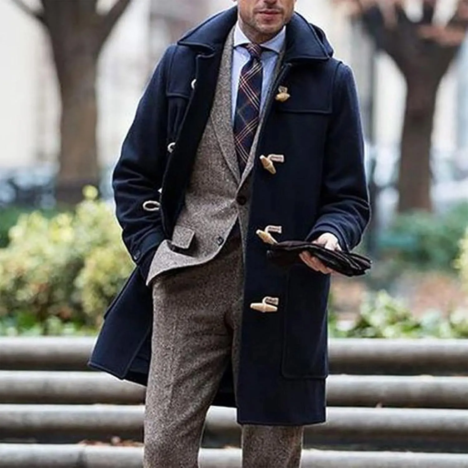 Trench Coat Men Wool Blend Single Breasted Walking Toggle Duffle Coat Notched Lapel Winter Chunky Warm Overcoat