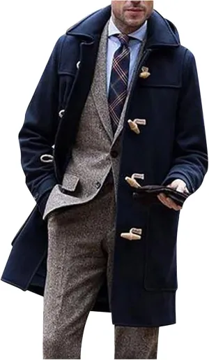 Trench Coat Men Wool Blend Single Breasted Walking Toggle Duffle Coat Notched Lapel Winter Chunky Warm Overcoat