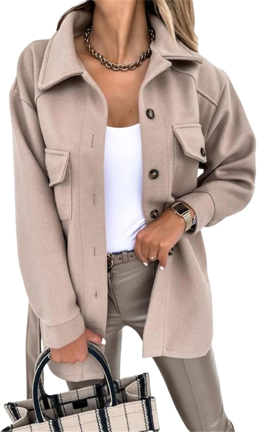 Trench Coat Women Long Sleeve Lapel Button Down Belted Jacket Outerwear Casual Peacoat Fall Outfit with Pocket Fashion