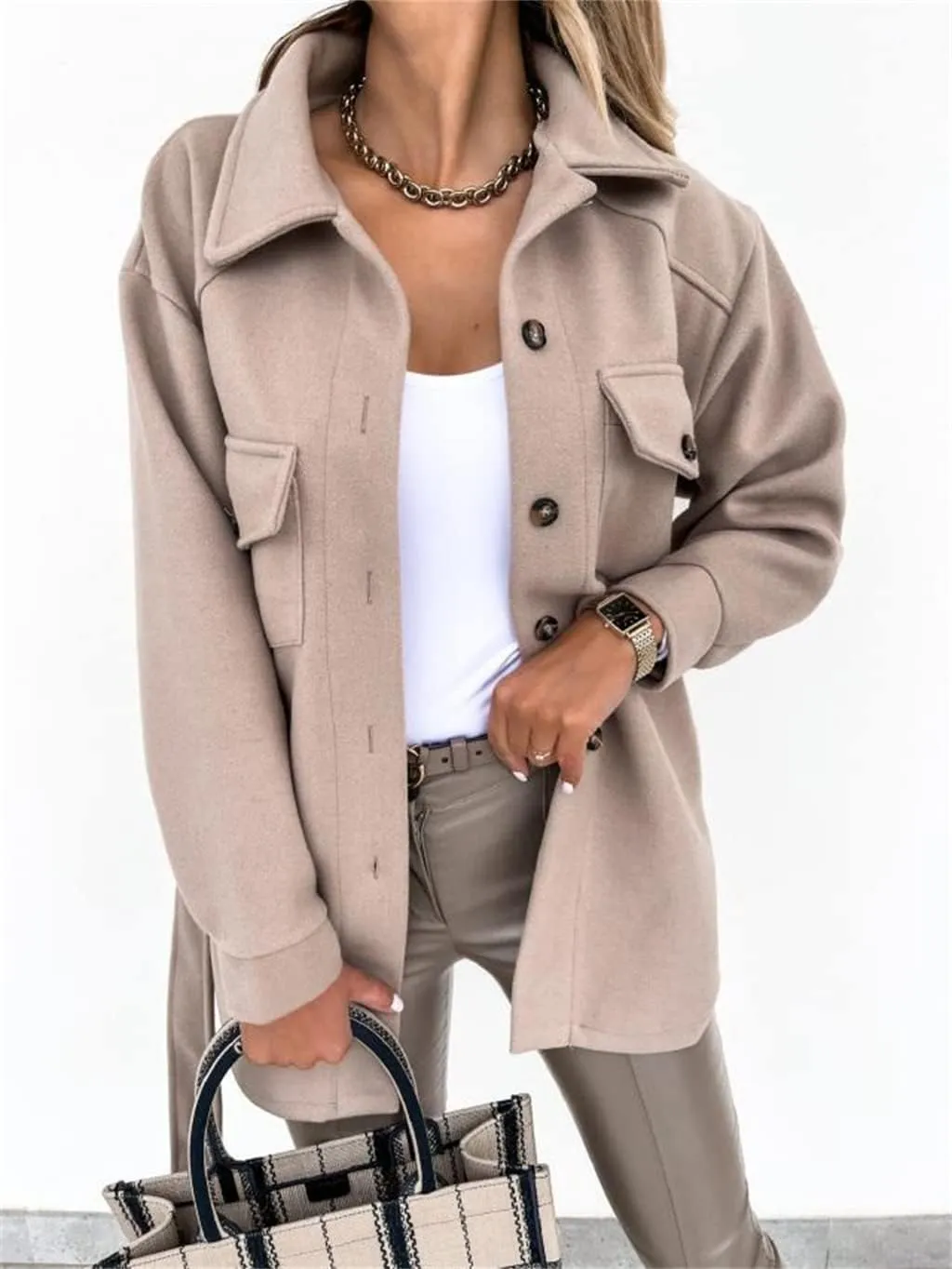 Trench Coat Women Long Sleeve Lapel Button Down Belted Jacket Outerwear Casual Peacoat Fall Outfit with Pocket Fashion