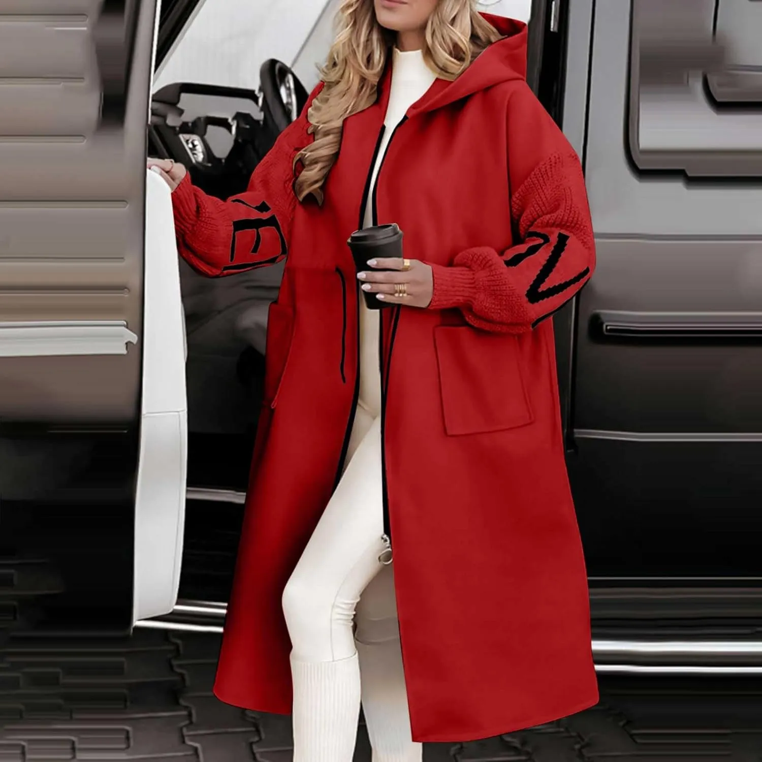 Trench Coats for Women Fashion Letter Knitted Patchwork Hooded Jackets Pocket Casual Zipper Drawstring Long Overcoat