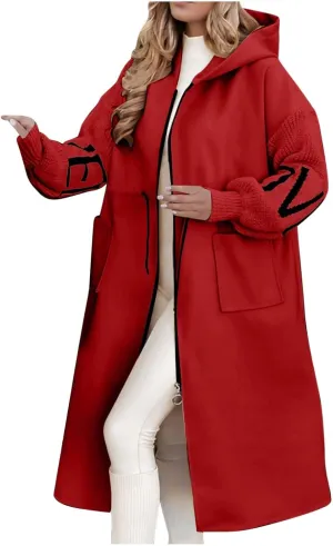 Trench Coats for Women Fashion Letter Knitted Patchwork Hooded Jackets Pocket Casual Zipper Drawstring Long Overcoat
