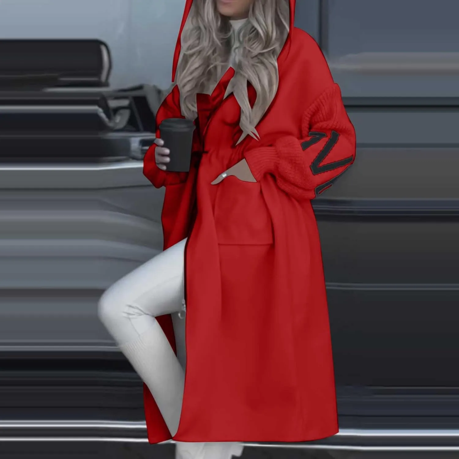 Trench Coats for Women Fashion Letter Knitted Patchwork Hooded Jackets Pocket Casual Zipper Drawstring Long Overcoat