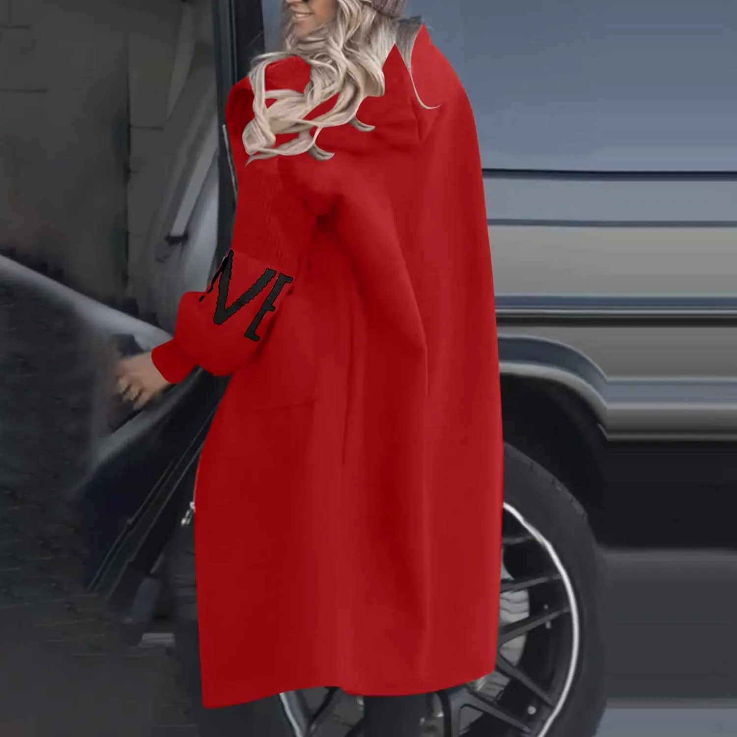 Trench Coats for Women Fashion Letter Knitted Patchwork Hooded Jackets Pocket Casual Zipper Drawstring Long Overcoat